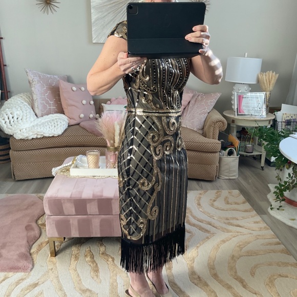 Sequin, Flapper type dress, black gold Size Small, NWT, Halloween costume - Picture 6 of 11